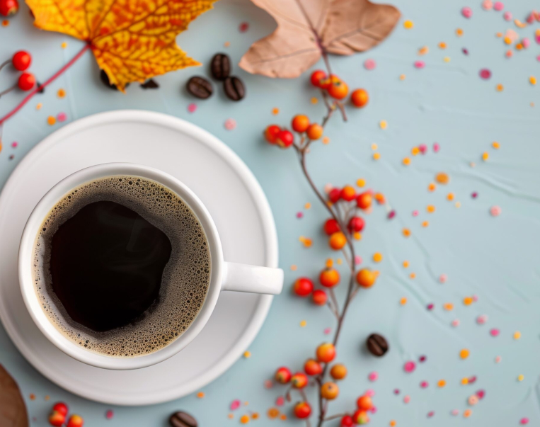 A delicate white coffee cup filled with warm beverage rests on a matching saucer, surrounded by colorful autumn leaves and vibrant red berries, creating a serene and inviting atmosphere.